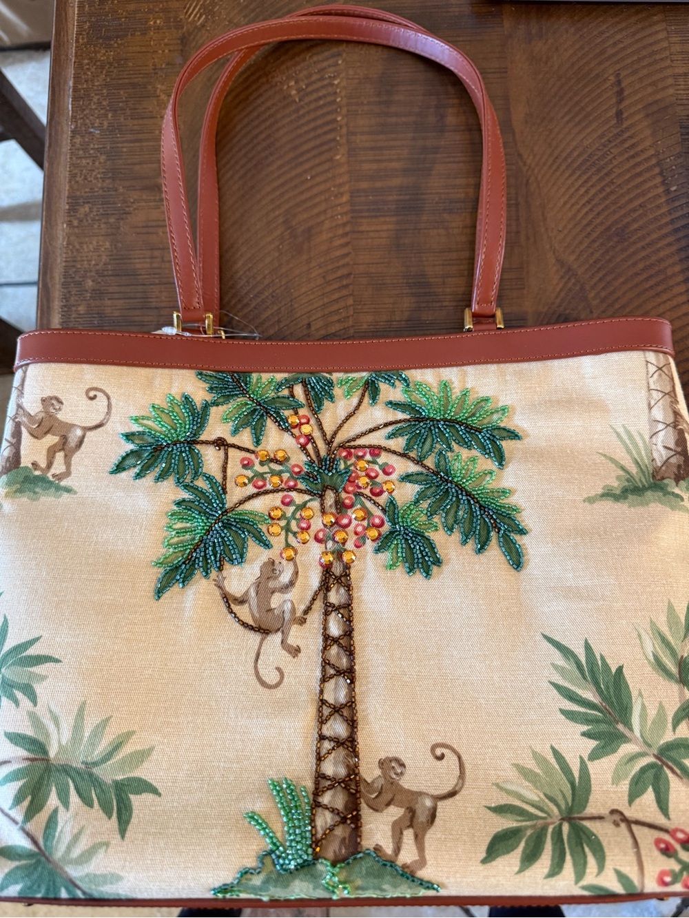 Isabella Fiore Beaded Palm Tree Tote in Beige and Brown